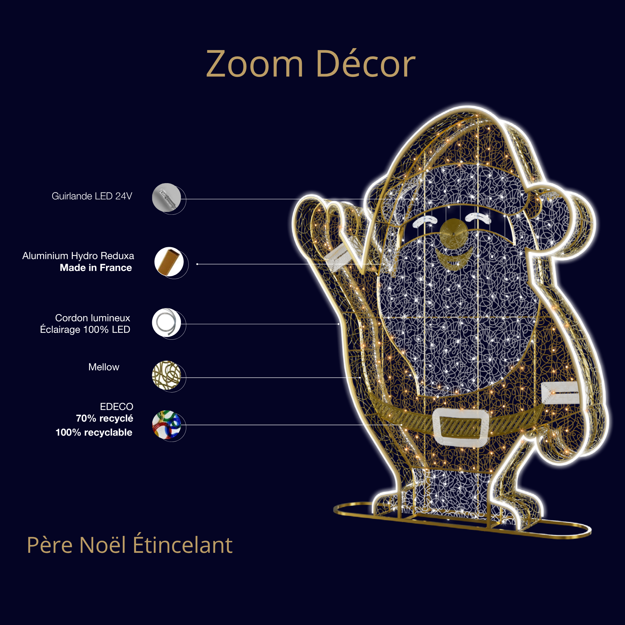 Décor de noël Père noël étincelant 3D H2 x L1,6m