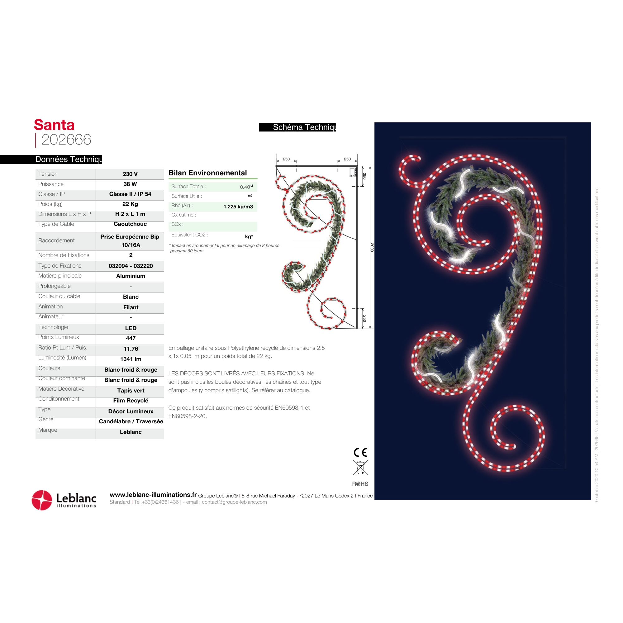 Décor de noël candélabre 2D Santa VE H2 x L1m