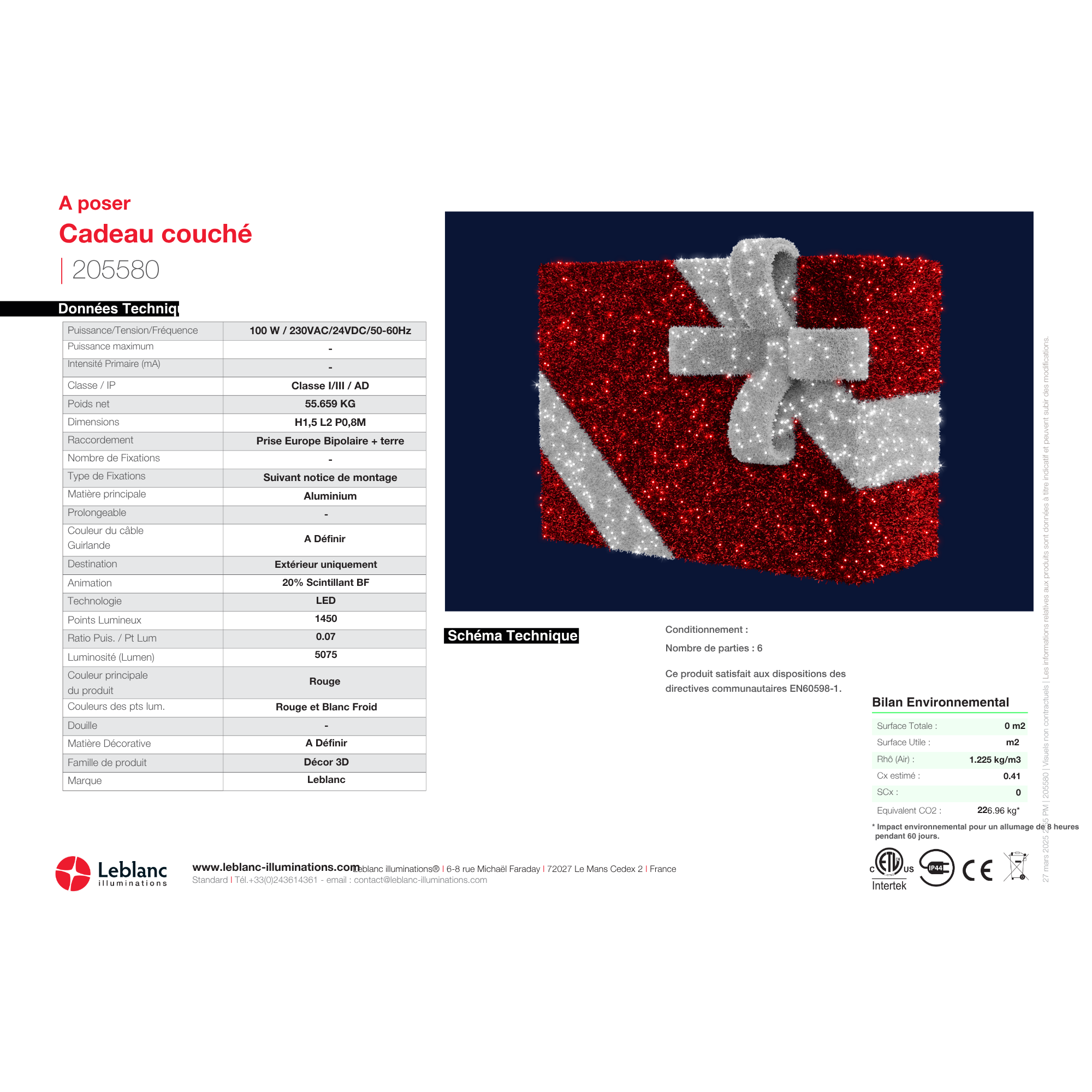 Décor de noël 3D Cadeau couché H1,5 x L2 x P0,8m