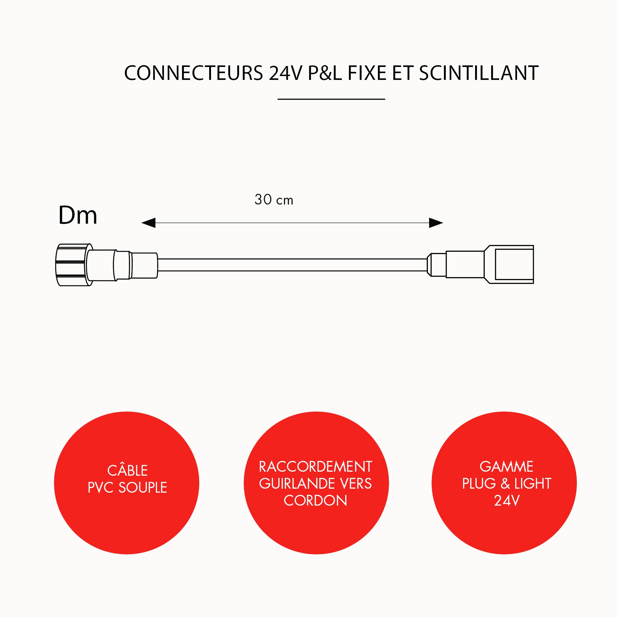 Câble raccordement guirlande, câble d'alimentation vers cordon lumineux - L0,3m - 24V