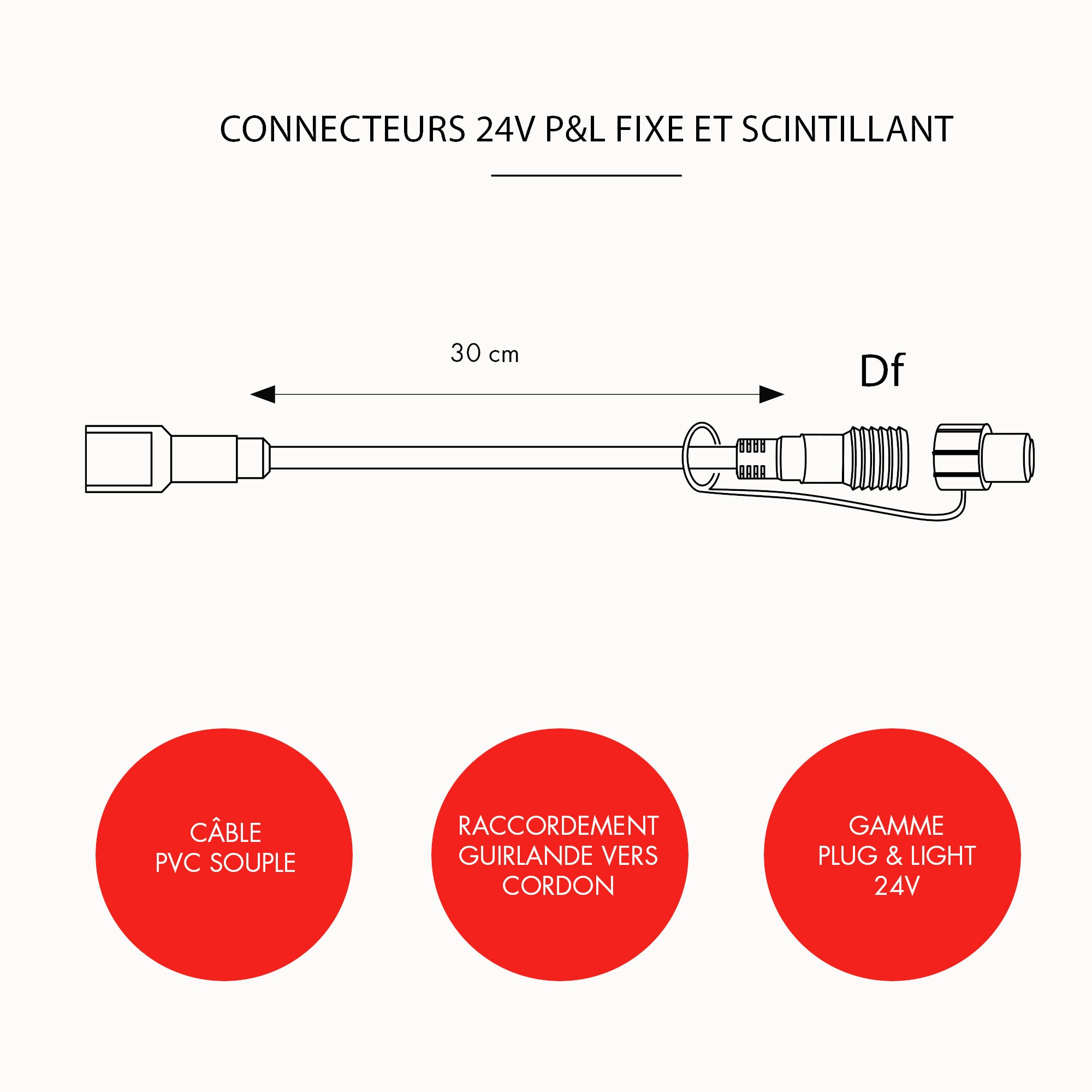 Câble raccordement cordon lumineux vers guirlande - L0,3m - 24V