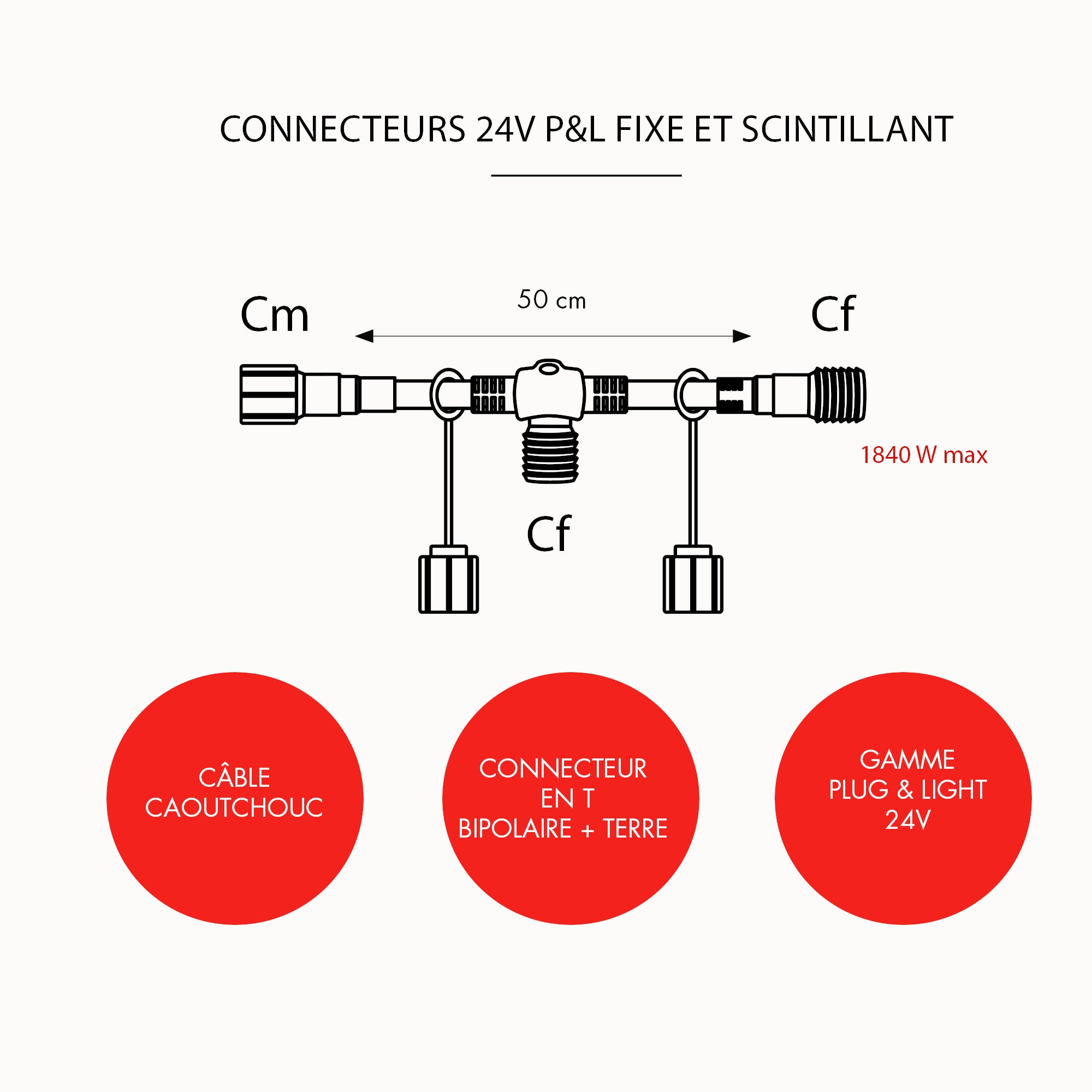 Connecteur en T avant transformateur - L0,5m - 24V