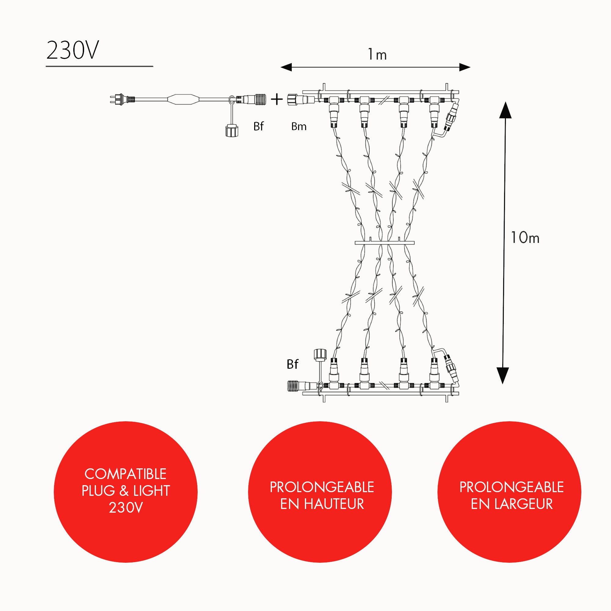 Voile lumineux fixe H10 x L1m - 230V
